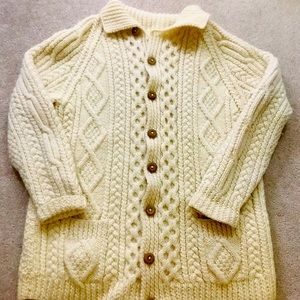 Vintage Shab Hag Fisherman's Cable Knit Cardigan Sweater Pure Wool Ireland L